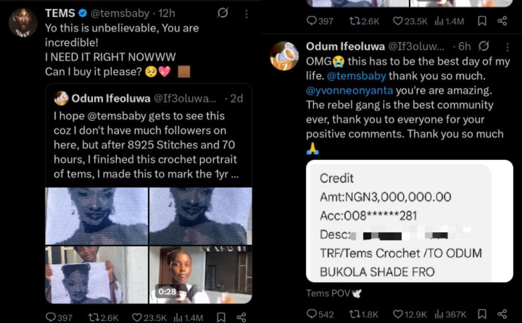 Tems surprised fan who made crochet portrait of her with N3 million Tems surprised fan who made crochet portrait of her with N3 million